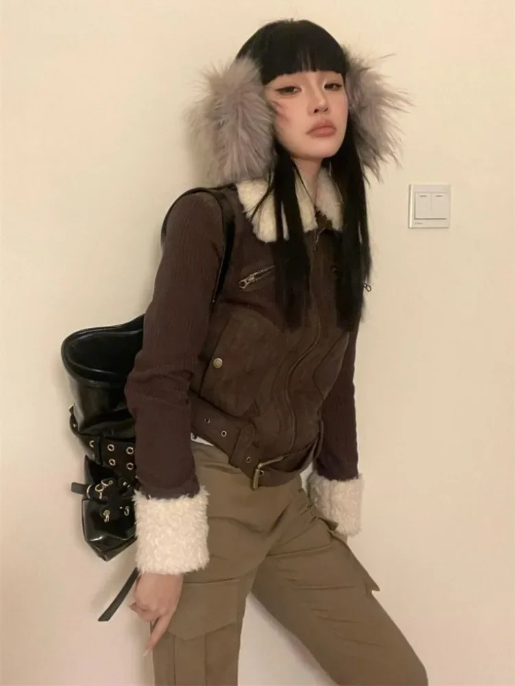 Japanese Y2k Fur Coat Women American Retro Brown Knitted Jacket Vintage Korean Style Zipper Winter 2000s Aesthetics