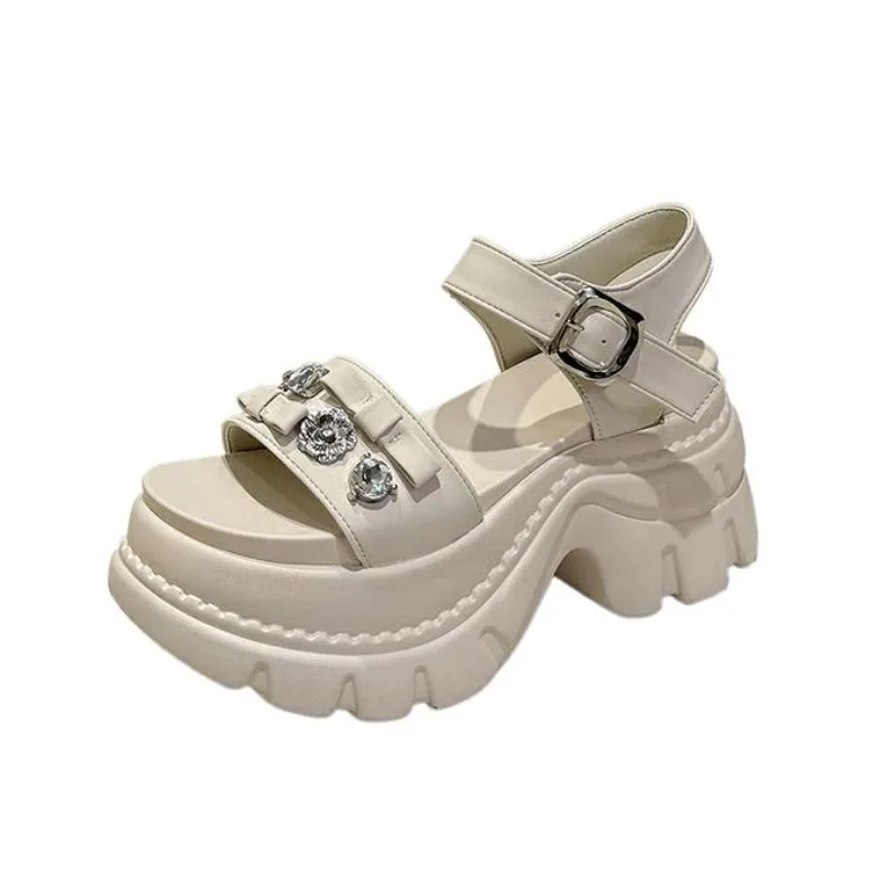 

2026 New 8CM Microfiber Leather Chunky Sandals High Platform Comfy Sneakers Summer Crystal Beach Slippers buckle Shoes Woman