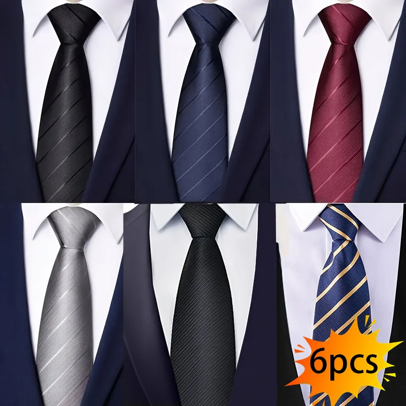 6Pcs Men's Zip-On Wide Tie 8cm (3.15inch) Polyester Black Gray Burgundy Navy Diagonal Striped Business Workwear Wedding Suit Accessories