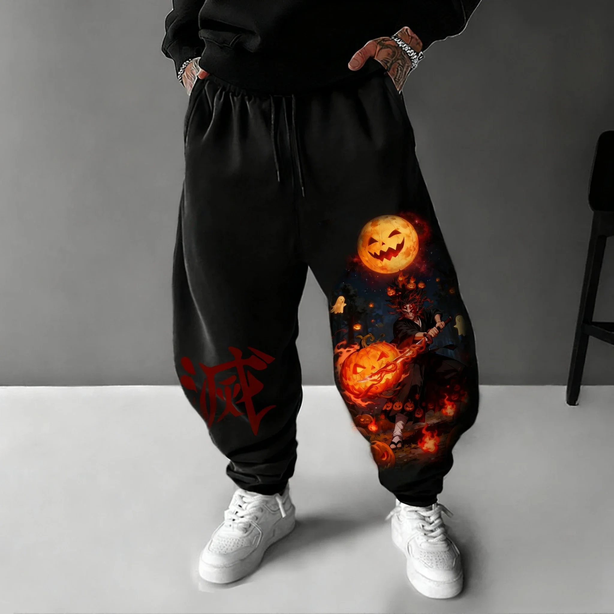 

Demon Slayer Anime Halloween Sweetpants Men's Autumn/Winter New Kokushibo Horror Pumpkin Printed Harajuku Loose Casual Pants