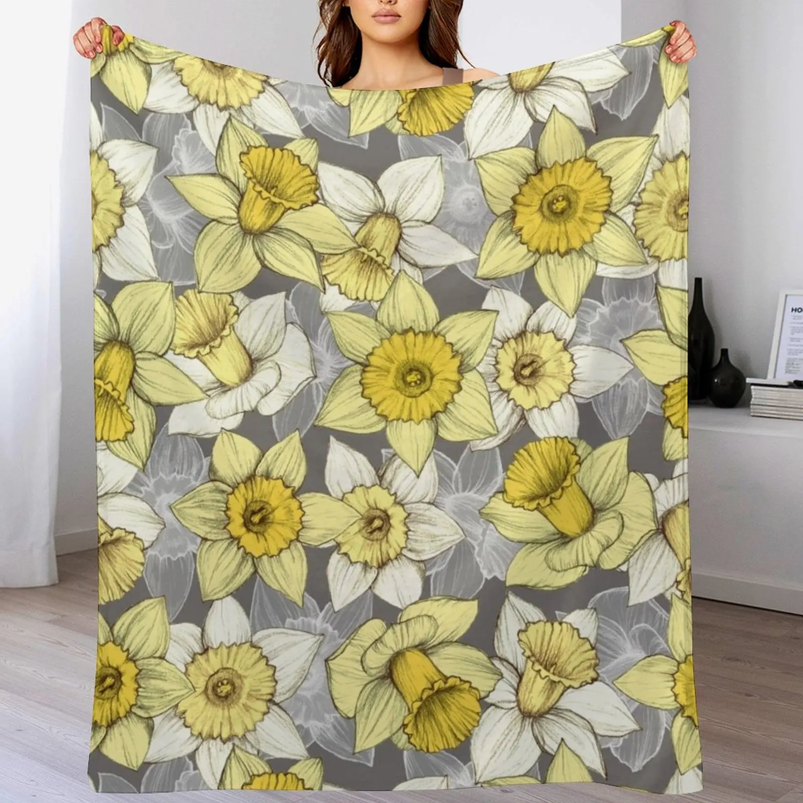 Daffodil Daze - yellow & grey daffodil illustration pattern Throw Blanket Kid'S Thermals For Travel Blankets