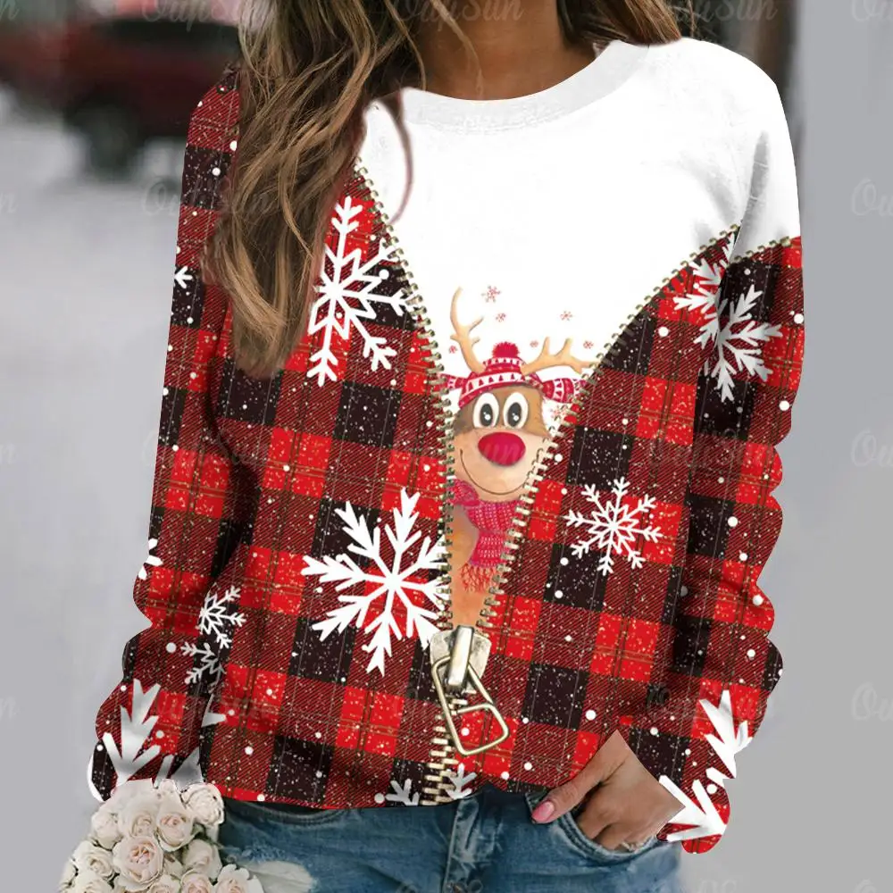 Christmas Women\'s Sweatshirt Designer Round Neck Long Sleeve Loose Casual Fall Red Plaid Fake Zipper Elk Fun Graphic Print Tops