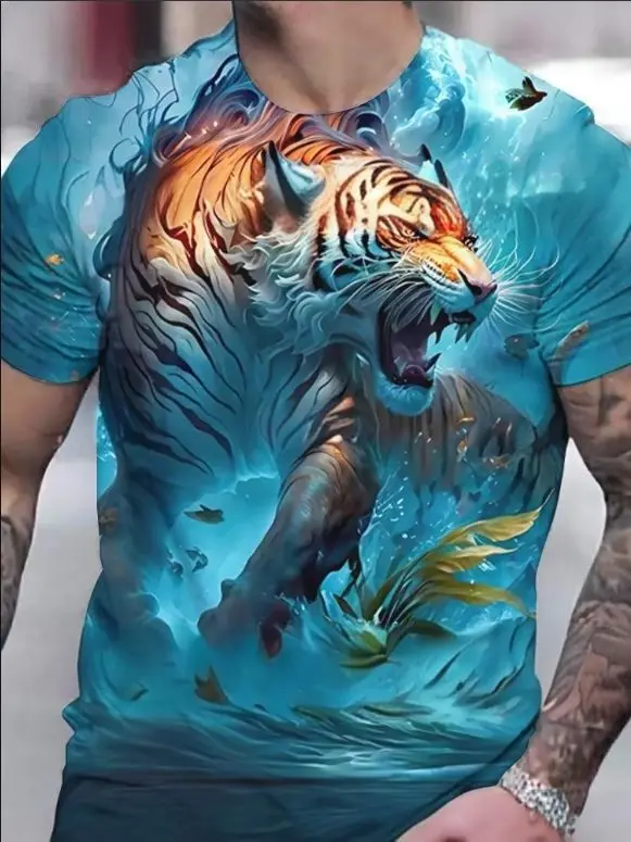 Popular 3D Fierce White Tiger Print Men's T-Shirt Fashion Short Sleeve T shirt Outdoor Men Women Personality Top Summer Clothing