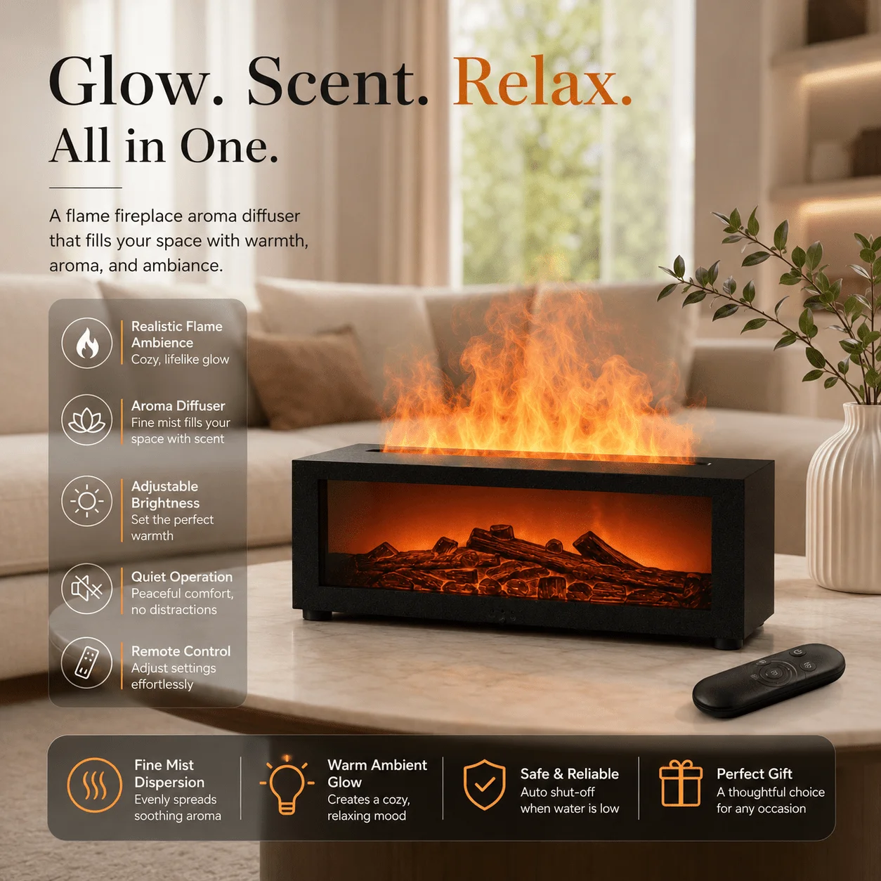 Flame Aroma Diffuser, Simulated Fireplace Essential Oil Diffuser,7-Color Flames, for Christmas Gift,Christmas Decor  Humidifier
