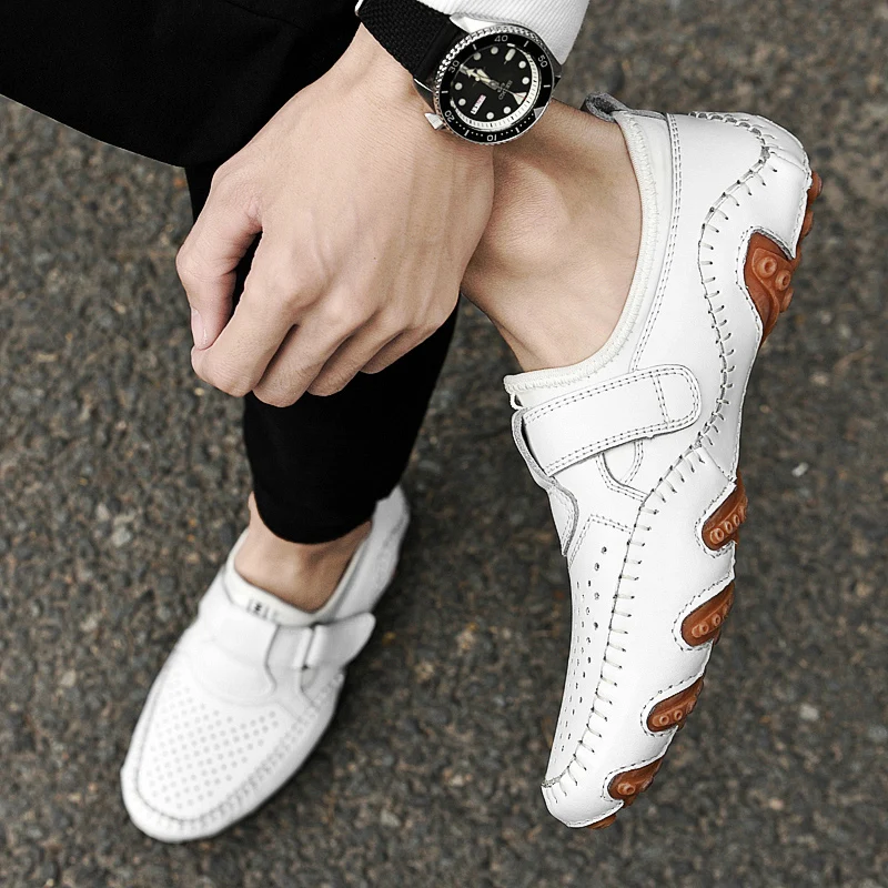 

Summer New White Perforated Leather Shoes Men's Octopus Sole Casual Sneakers Genuine Leather Men Loafers Slip on Outdoor Shoes