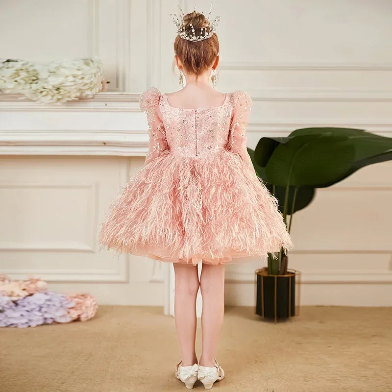 Luxury girls sequins dress 2023 new long sleeve dress Feather Princess dress Children's Day photography first year clothing