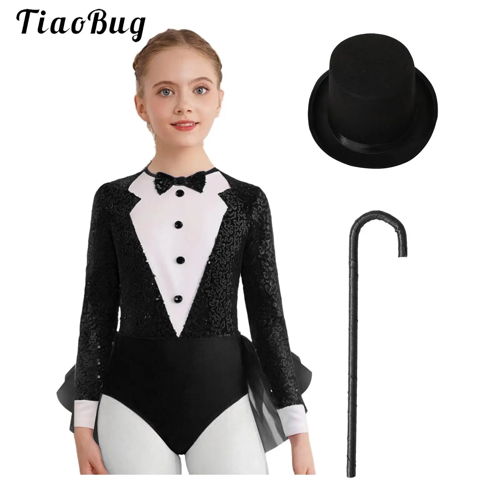 

Kids Girls Magician Costume Outfit Long Sleeve Sparkly Sequins Bodice Tulle Skirted Leotard with Hat Crutch Waltz Jazz Dancewear