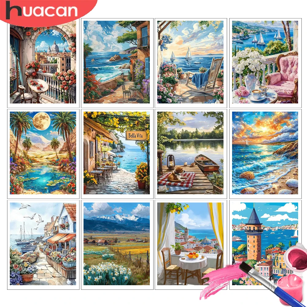 HUACAN Malen nach Zahlen Haus-Landschaft Zeichnung auf Leinwand Küsten-Strand-Kunst Handgemalte Sets Heimdekoration Bastelsets DIY Geschenk