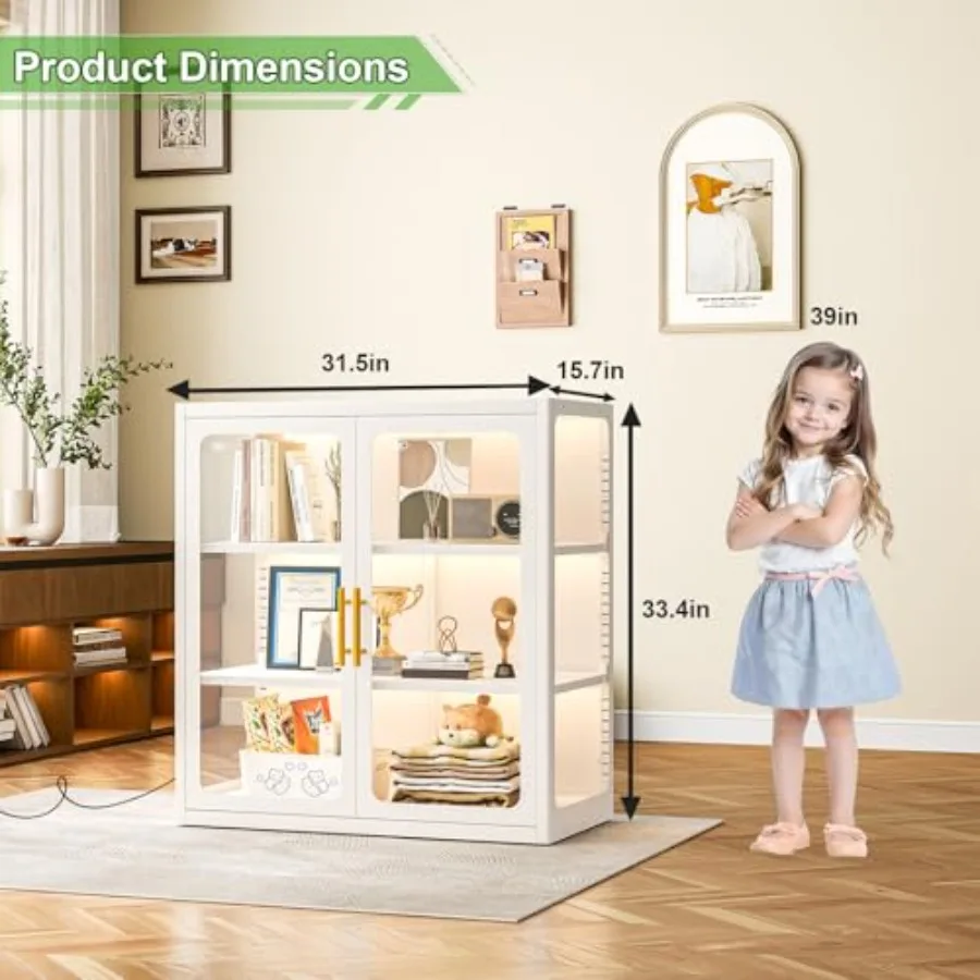 34 Tall Glass Display Cabinet with RGB LED Ambient Lights for Living Room, Tempered Glass, Black, Adjustable Shelves