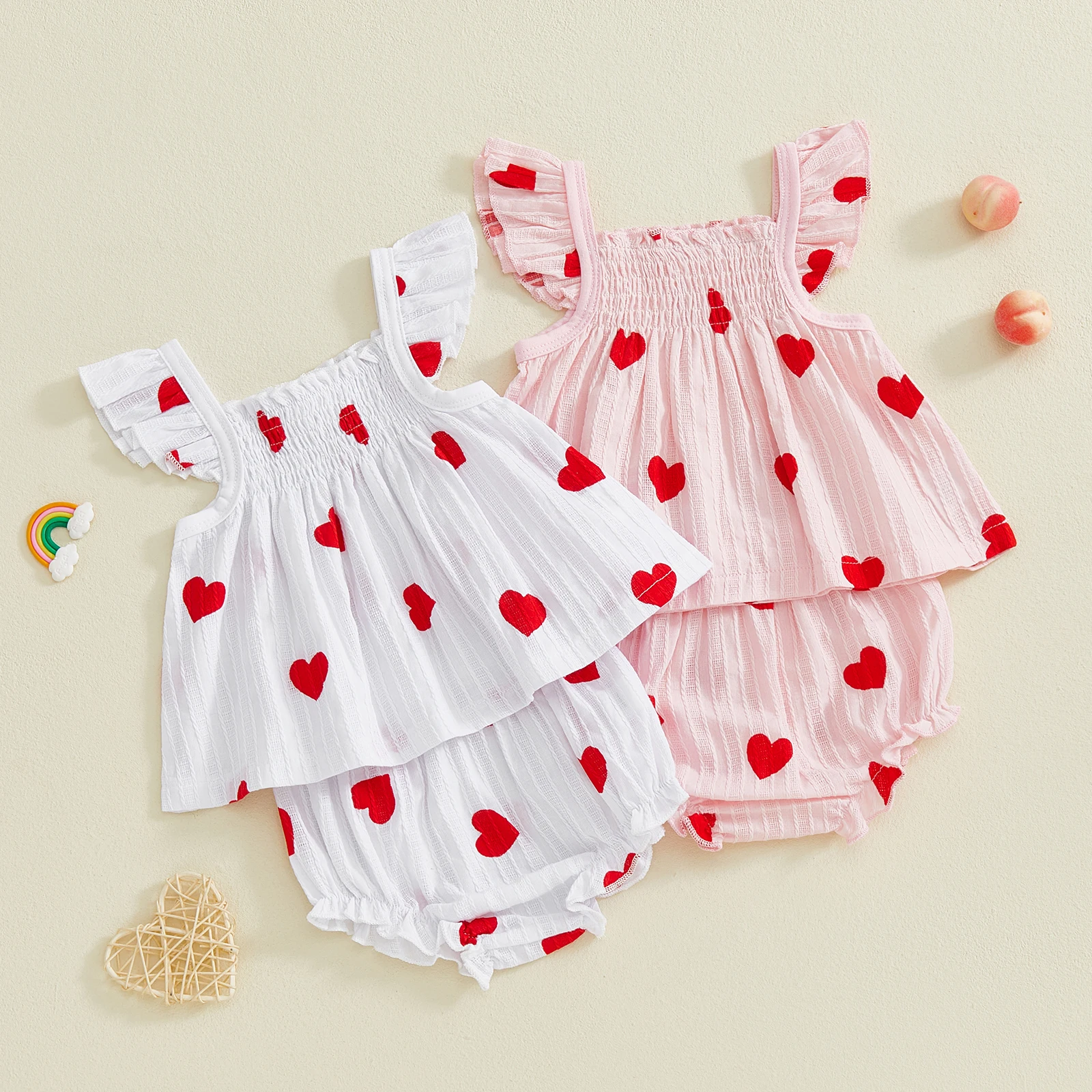 Baby Girls Valentine's Day Outfits Heart Print Flying Sleeve Smocked Tops and Ruffled Shorts Summer 2 Piece Set