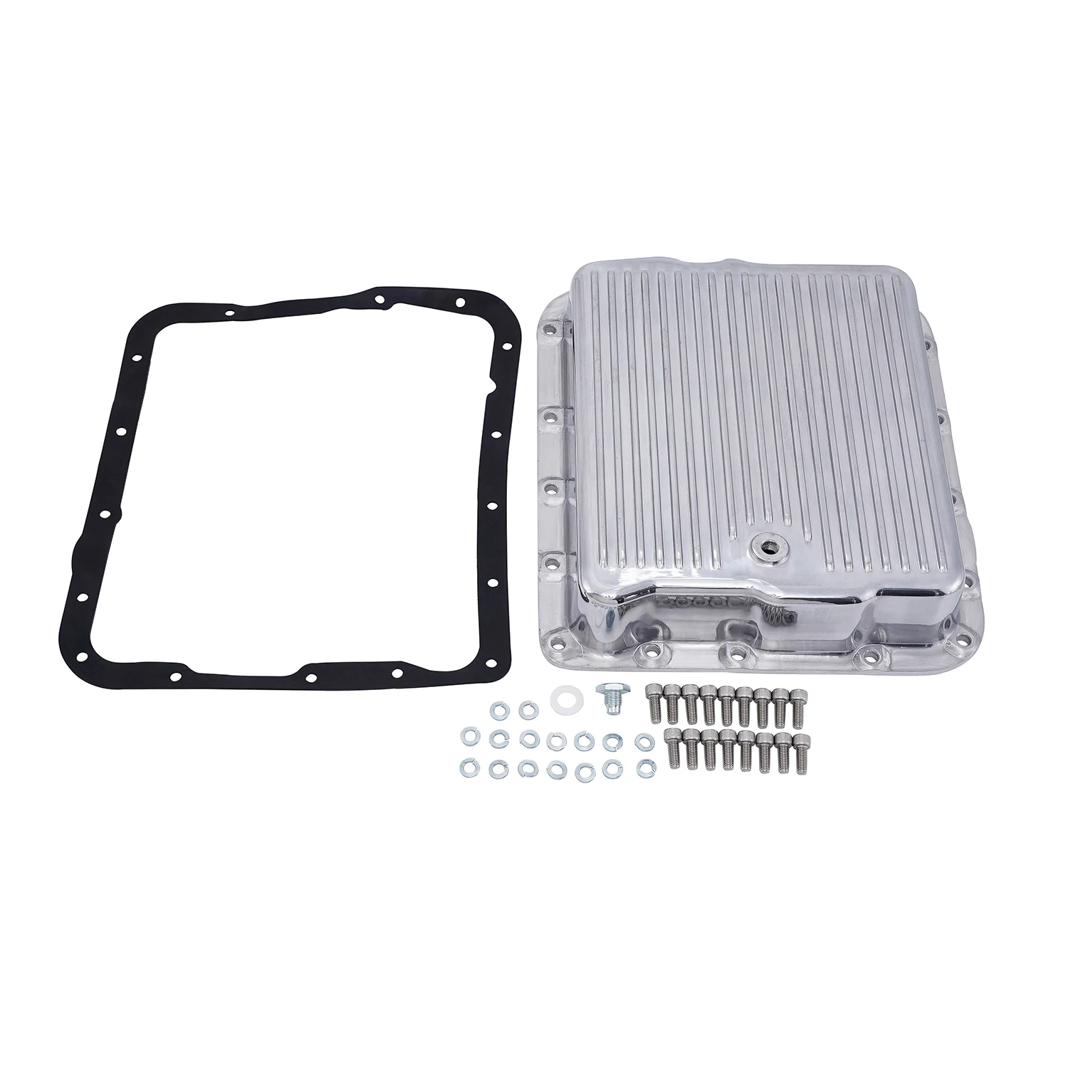 

Polished Aluminum for 350 Transmission Pan Finned With Gasket and Hardware 8491-POL