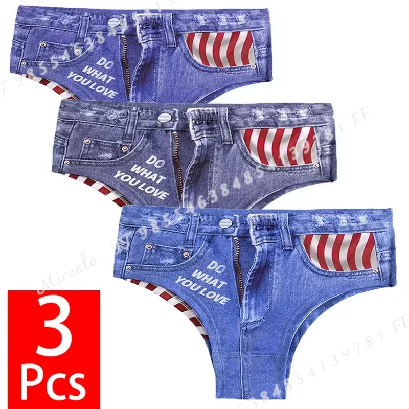 3PCS Lot Women Sexy 3D Printed Denim Style Briefs Breathable Soft Ice Silk Panties Female Jean Look Underwear Lingerie