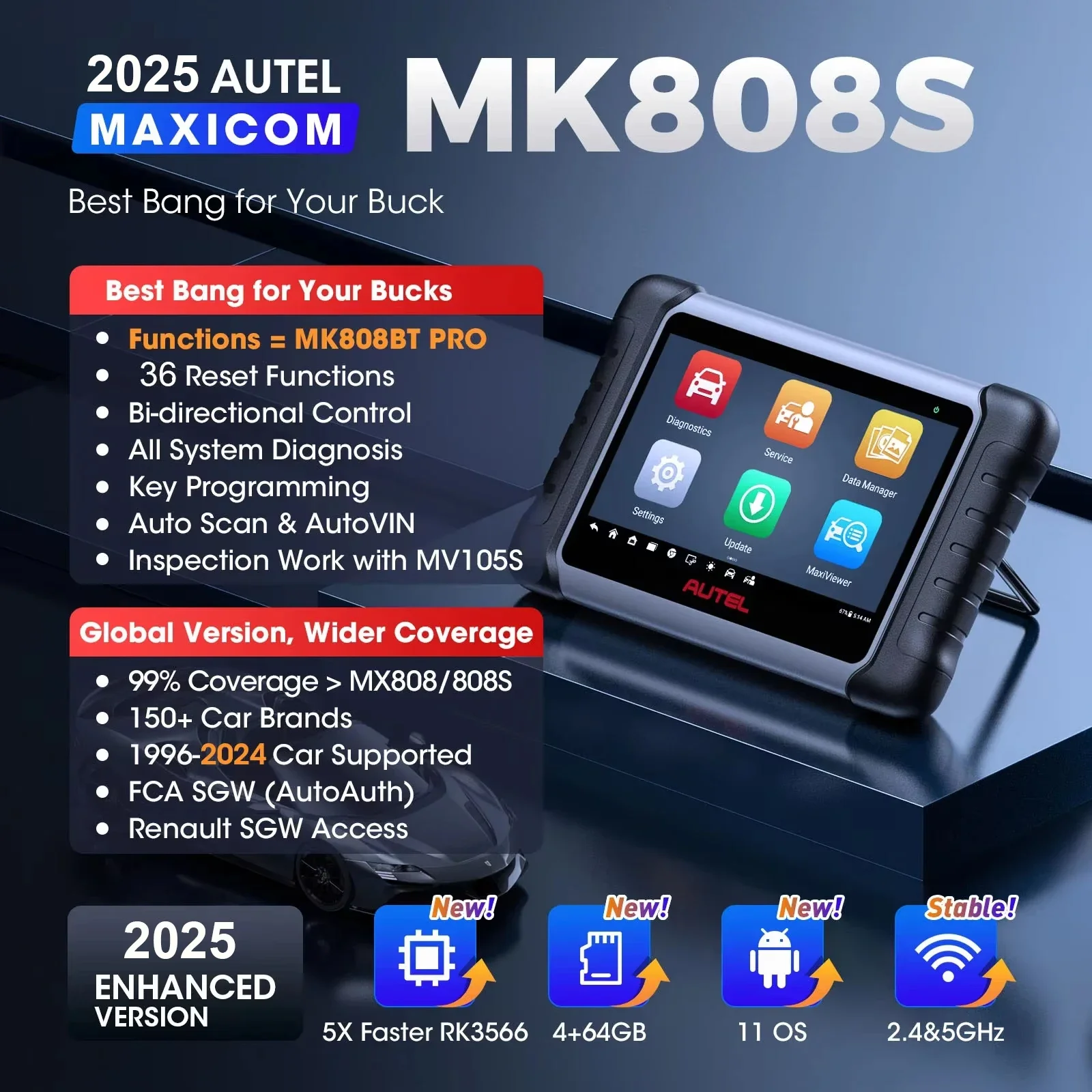 Autel MaxiCOM MK808S 202, автомобильные диагностические инструменты, двунаправленный всесистемный сканер OBD2, кодирование ключей FCA
