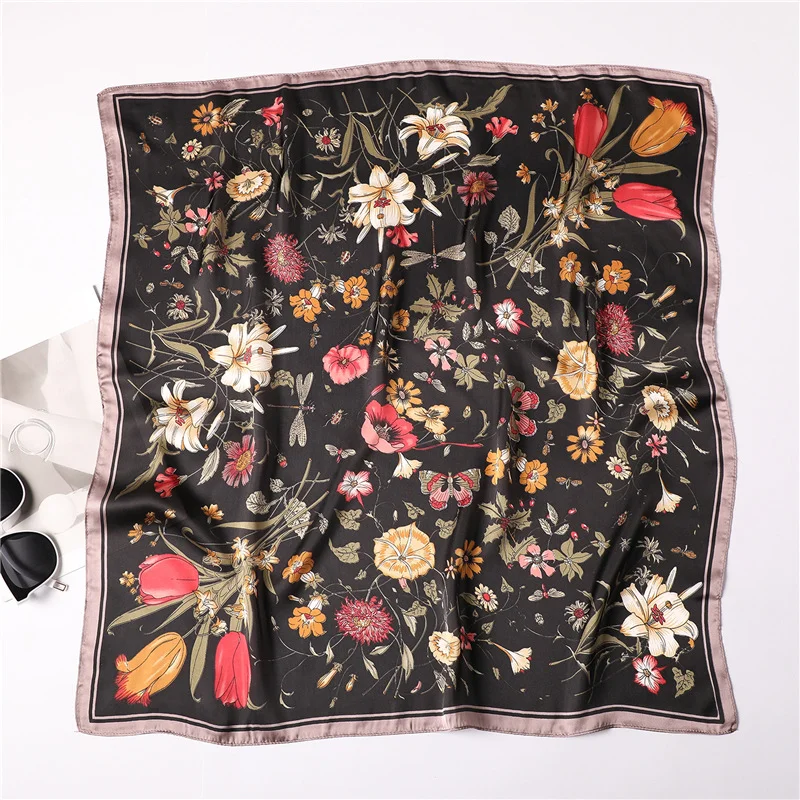 Fashion 70x70cm Silk Feeling Scarf Square Floral Printed Shawl Wrap Spring Summer Neckerchife Hair Band Lady Decor Foulard