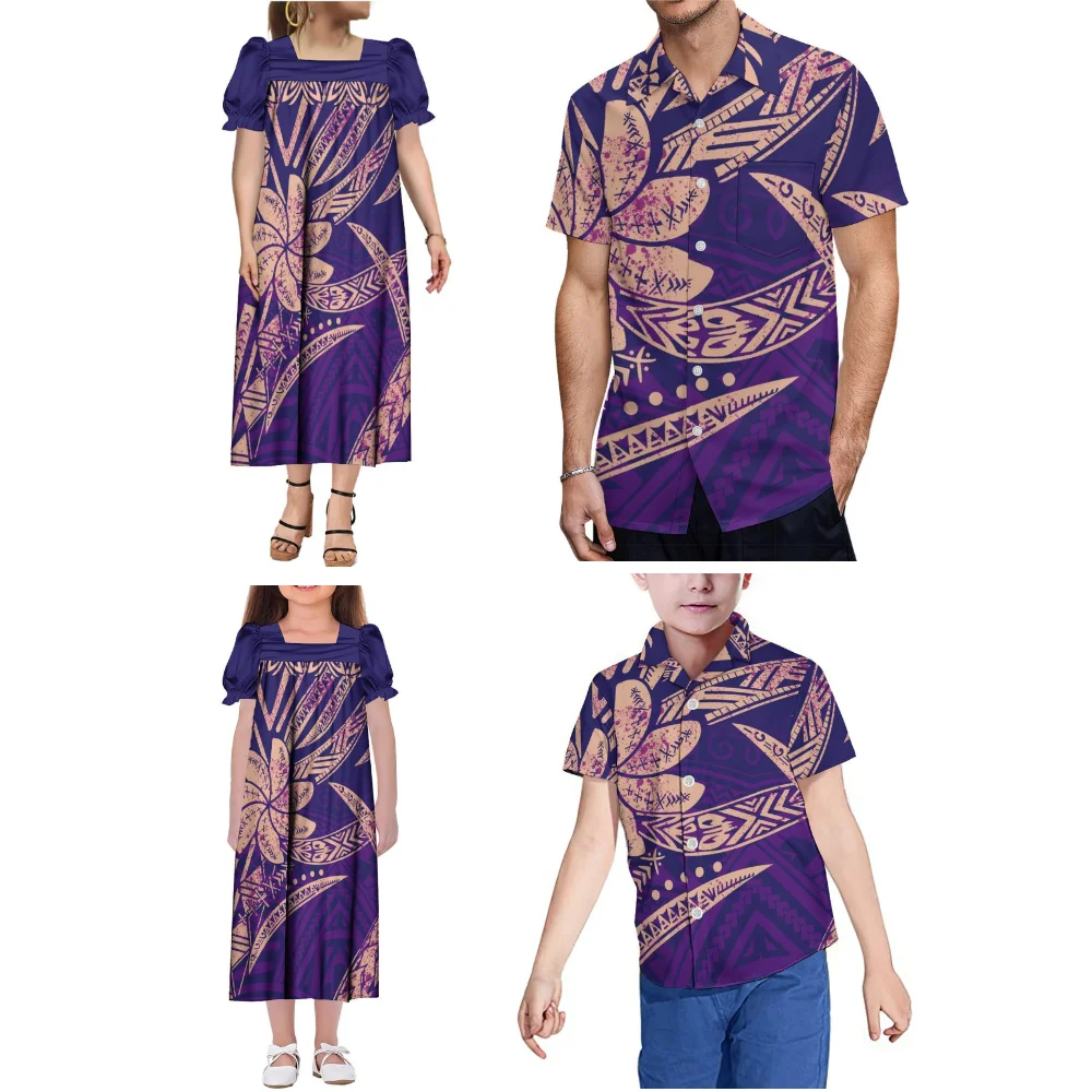 Polinésia impressão tribal feito sob encomenda verão novo conjunto mumu mãe-filha vestido de manga inchada pai-filho camisa casual havaiana