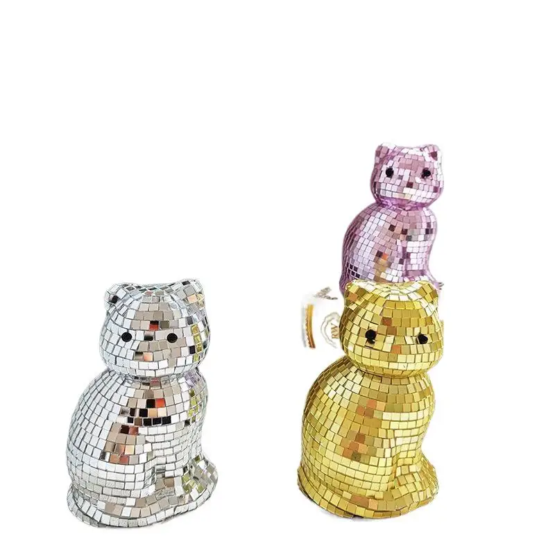 Niedliche Katzen-Discokugel-Skulptur, kreatives, funkelndes, spiegelndes Dekorationsobjekt für Zuhause, Partys, Neujahrsdekoration, Geschenk – Detail 6