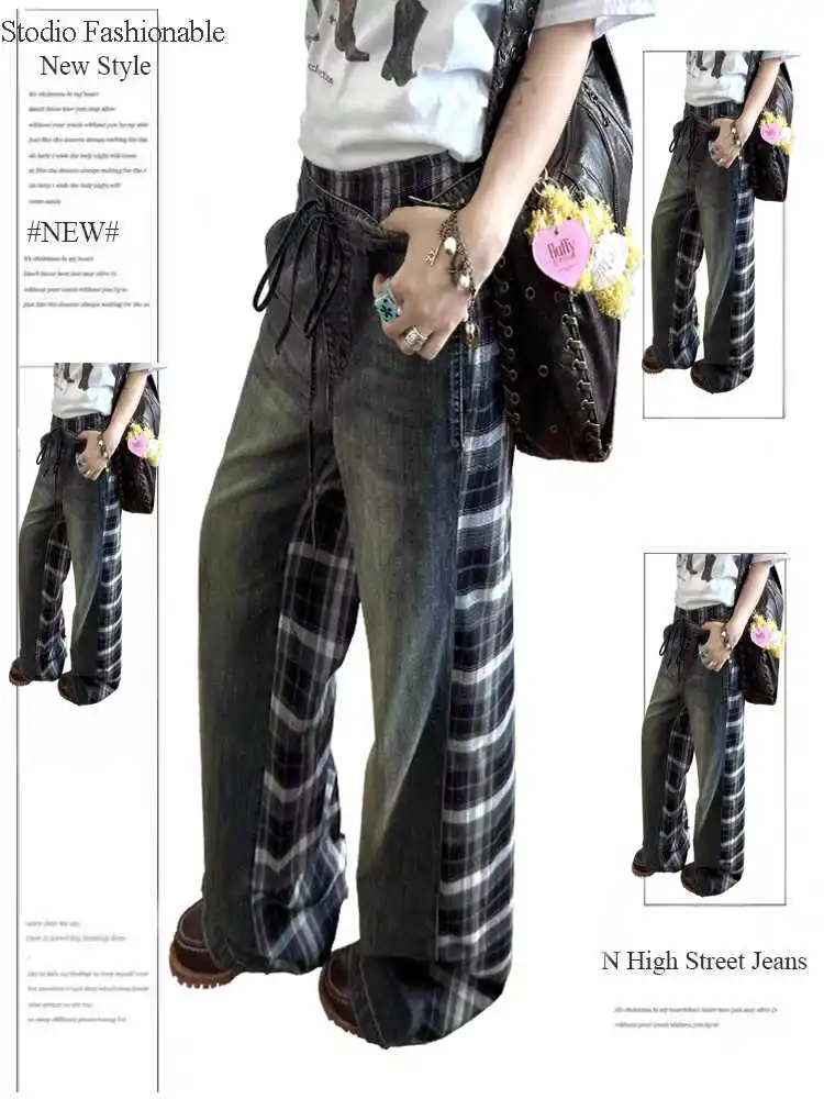 

2025 Autumn Winter Women's Denim Pants Plaid Patchwork Y2K Streetwear Baggy Jeans Grunge Japanese Harajuku Cowboy Designer Men