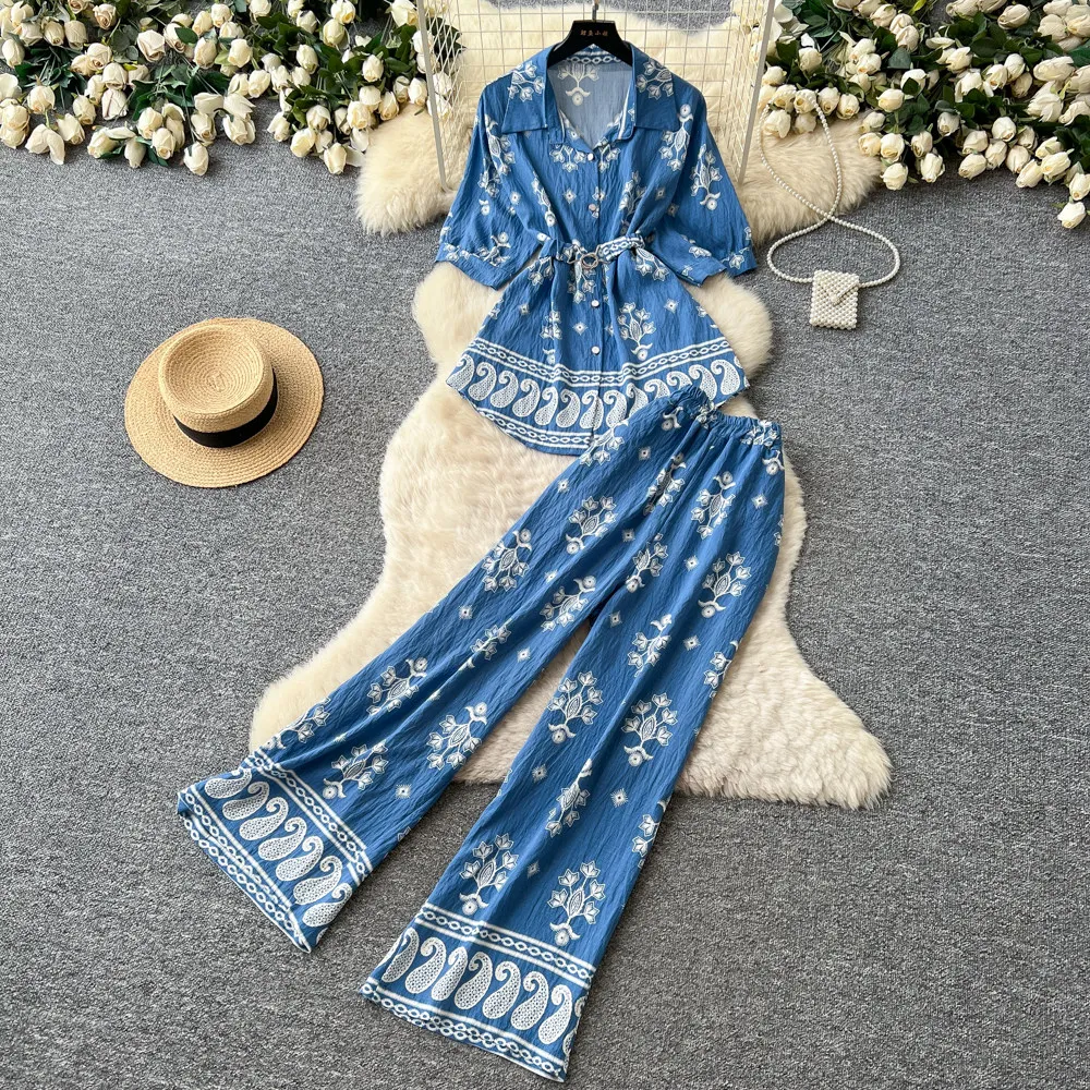 Summer Women's Printed Matching Set American Casual Fashion Flower Pattern Short Sleeve Shirt Wide Leg Pants 2 Pcs Sets