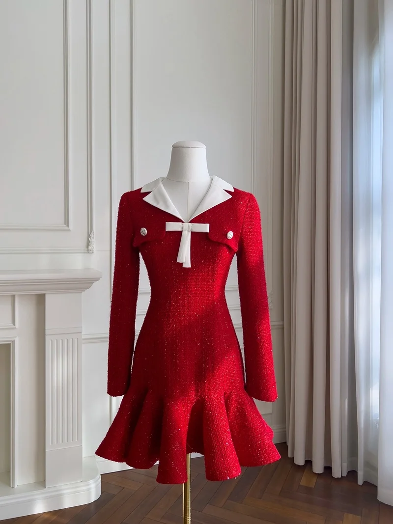 

Ele Red Autumnal Dr Retro Miss Rich Lady Sle High-Quali Sense Return Wedding Dr Toasting Dr for Women