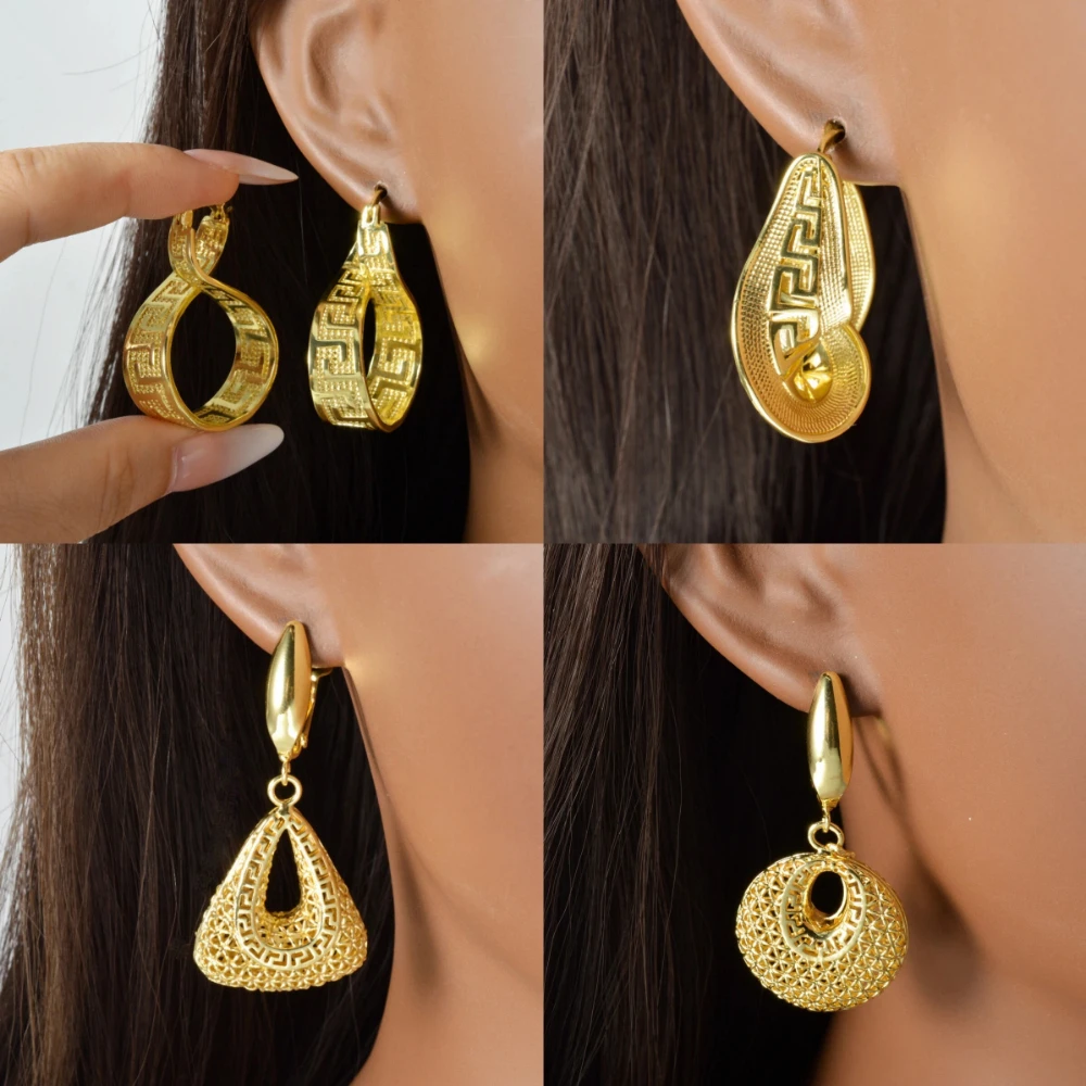 Greek Key Hoop Earrings for Women Gold Plated Geometric Filigree Drop Earrings Ethnic Style Jewelry for Party Wedding Daily Wear