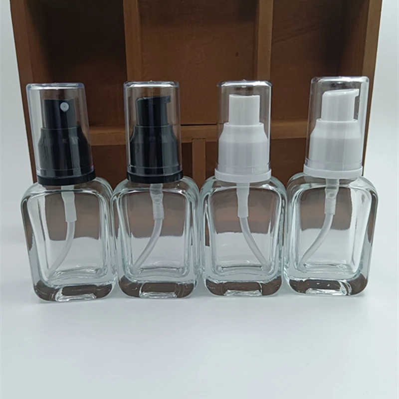 50pcs 30ml Square Liquid Foundation Clear Glass Bottle Essence Emulsion Refillable Bottles Cosmetic Packaging Container