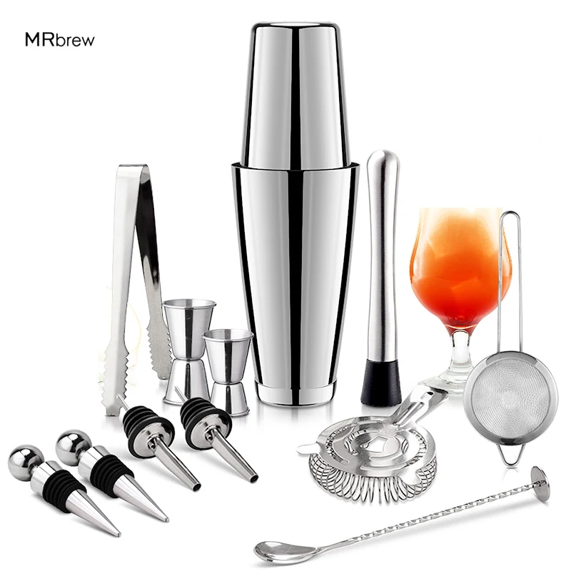 13pcs Cocktail Shaker Set,Stainless Steel Boston Martini Shaker,Mixing Spoon,Muddler,Measuring Kit For Bartender Bar Accessories