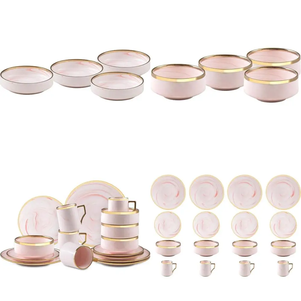 Juego de Vajilla para 4 Personas en Rosa y Dorado con Diseño Marmoleado, Apto para Lavavajillas, Resistente a los Arañazos