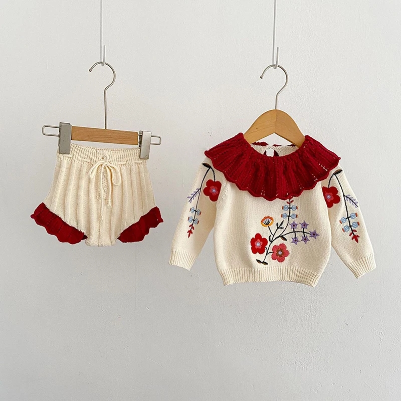 Embroidered Baby Girls Knitted Set Pullover Sweater+ Pants 2PCS Princess Baby Girls Flowers Knitted Spring Autumn Sets