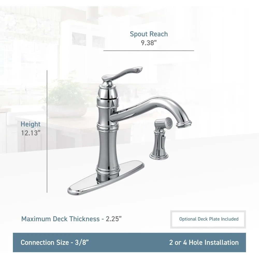 Keran Dapur Moen Belfield Anti Noda dari Baja Tahan Karat dengan Gagang Tunggal Model Tradisional, Lengkung Tinggi, Dilengkapi Semprotan Samping dan Pilihan Dek