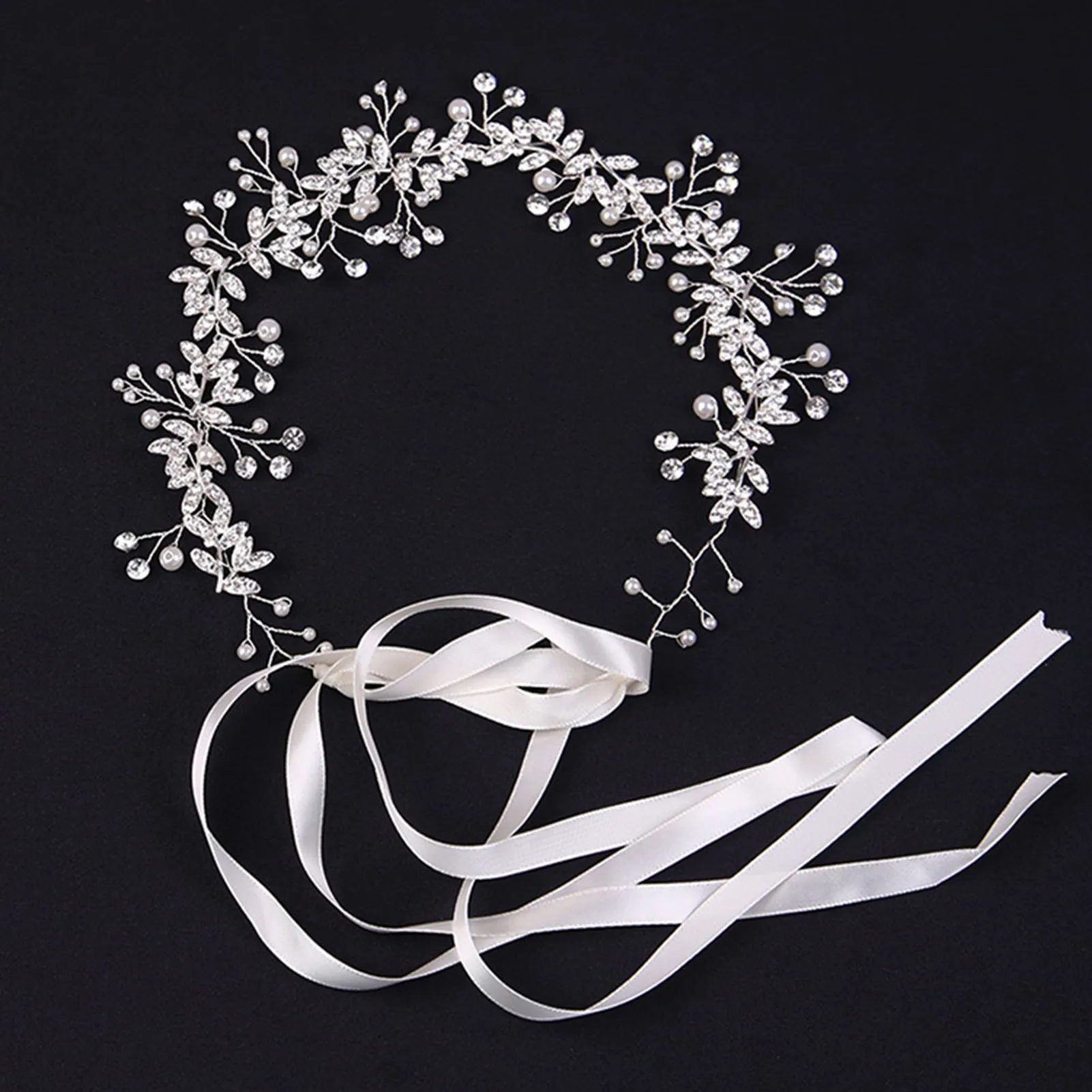 Pearl Lace-up Headband for Women Full Rhinestones Handmade Hair Wreath Hairpieces for Festival Wedding Party Head Decor