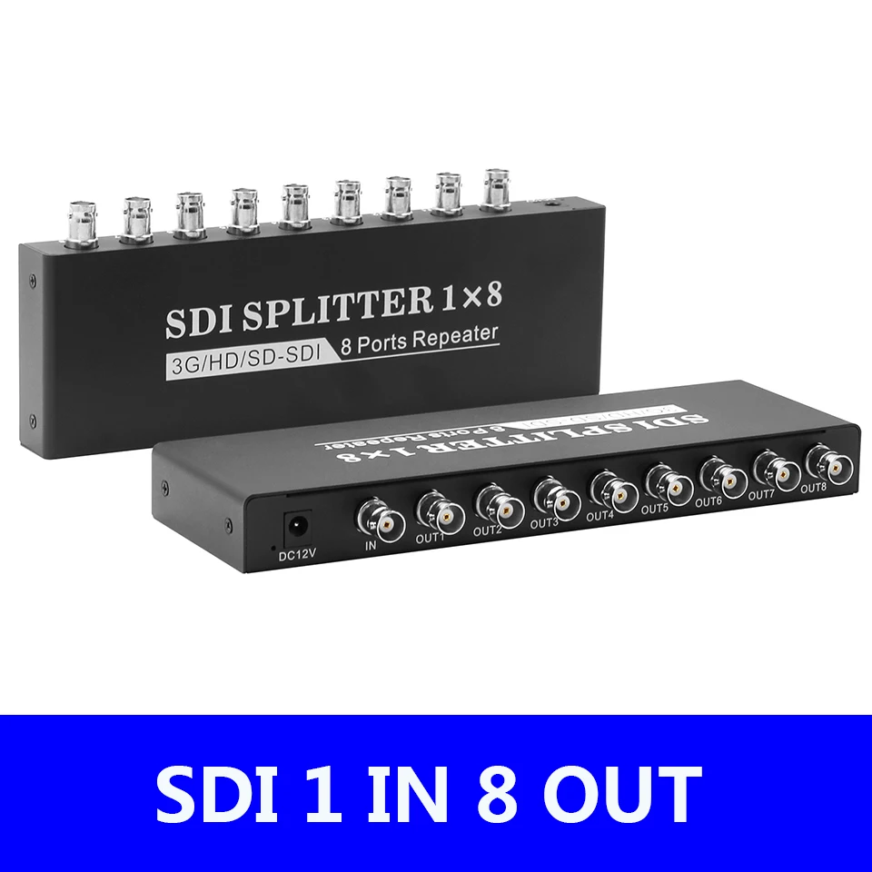 

SDI Splitter 1x8 SD-SDI, HD-SDI, 3G-SDI SDI 1x8 Splitter 1 in to 8 Out Repeater Extender with Power Adapter