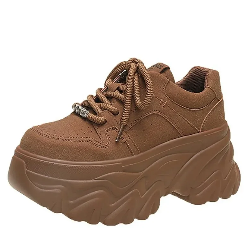 

8CM Autumn Spring Women Non-slip High Platform Shoes Wedge Heels Casual Height Increasing Chunky Sneakers Women Leather Shoes