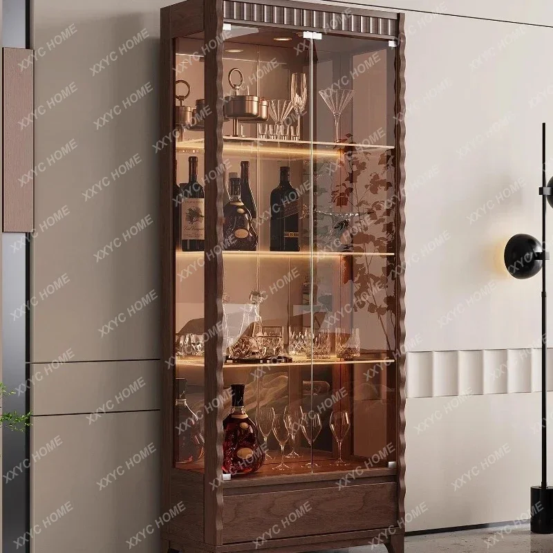 

GGNew living room new Chinese solid wood glass wine cabinet against the wall light luxury high sense display small apartment