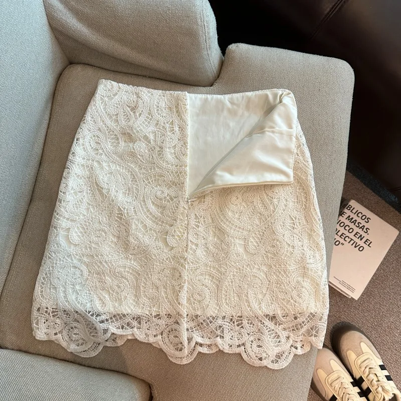 

Pure Desire Lace Hook Floral Patchwork Skirt Women's Summer White Design A-Line High Waist Half-length Skirts