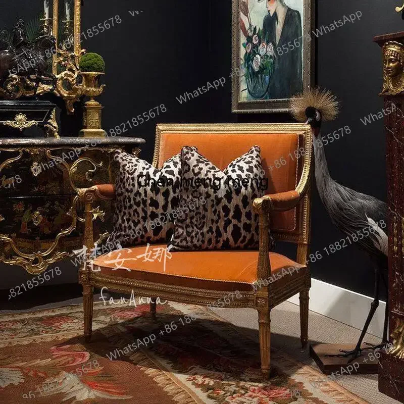 E182 American medieval solid wood French light luxury orange fabric carved sofa reception photography