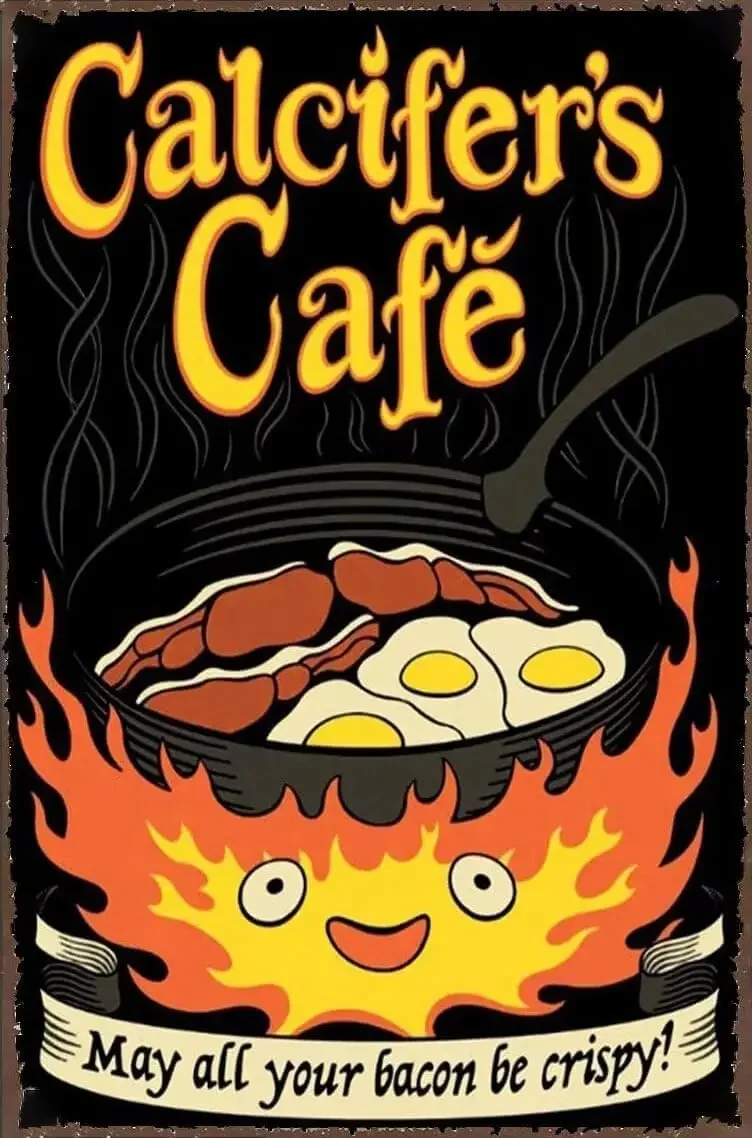 Pzecaru Retro Cafe Poster Canvas Wall Art Calcifers Cafe May All Your Bacon Be Crispy Print Painting Modern Canvas Wall Art For