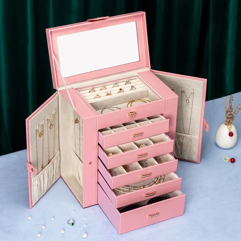 Large 6-Tier Jewelry Box Lockable Leather Jewelry Storage Case with 5 Drawers for Women Girls Ring Necklace Earring Bracelet