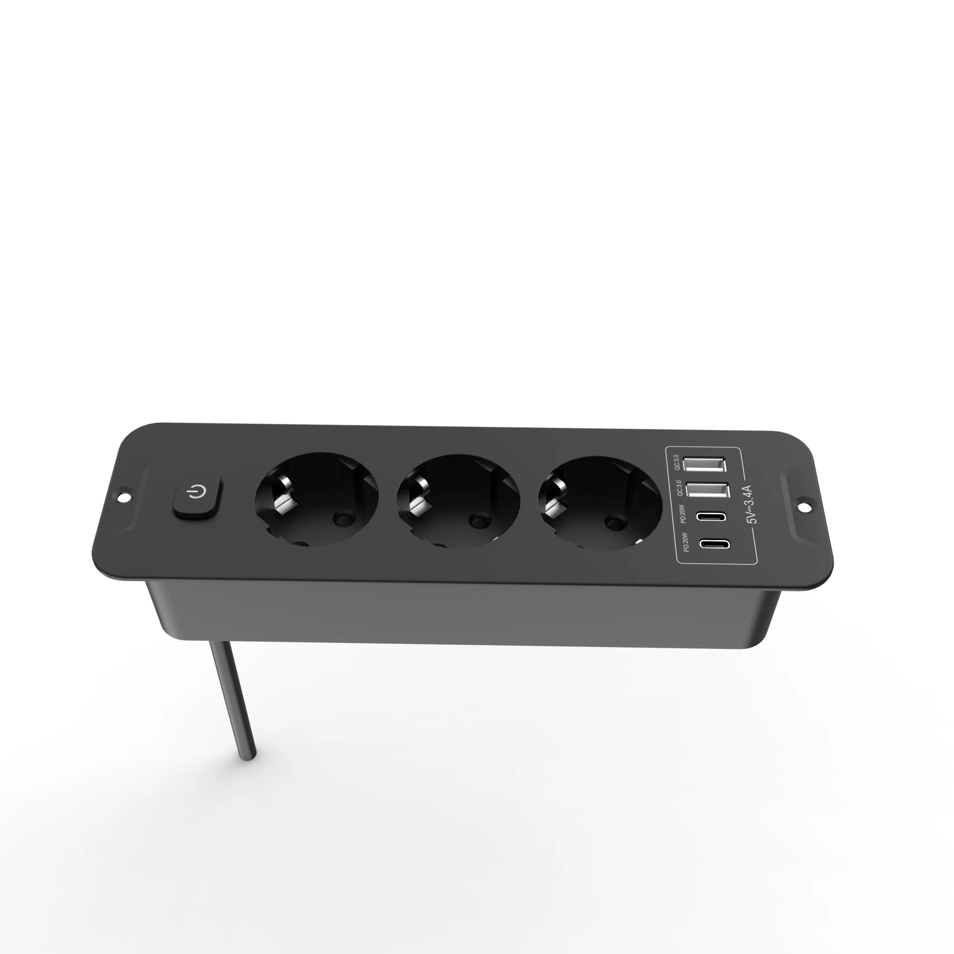 EU Ingebouwde stekkerdoos Desktop verzonken stopcontact met 2 USB 2 Type C snel opladen, multi-contact stopcontact met 2M verlengkabel