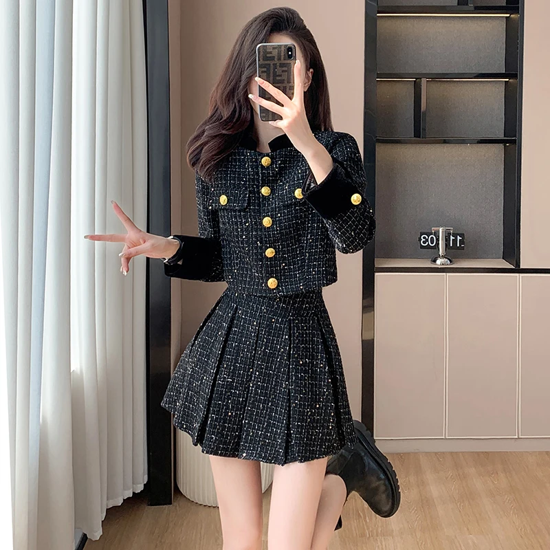 Fashion Two Pieces Autumn Sets Chic Long Sleeve Stand Jacket + High Waist Pleats Skirt 2023 New 2 Piece Sets Womens Outifits