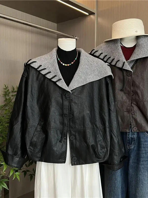 韓国 Sle ネイビーカラーニットスプライシングレザー Jaet 女性の秋の新デザインハイエンド Aosphere レザーコート