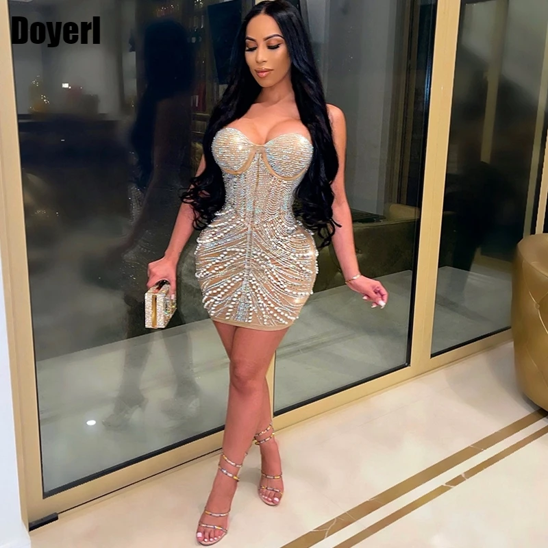 

Elegant Rhinestone Sparkly Birthday Dress for Women Sexy Glitter Night Club Outfits Summer Bandage Bodycon Party Dress Mini