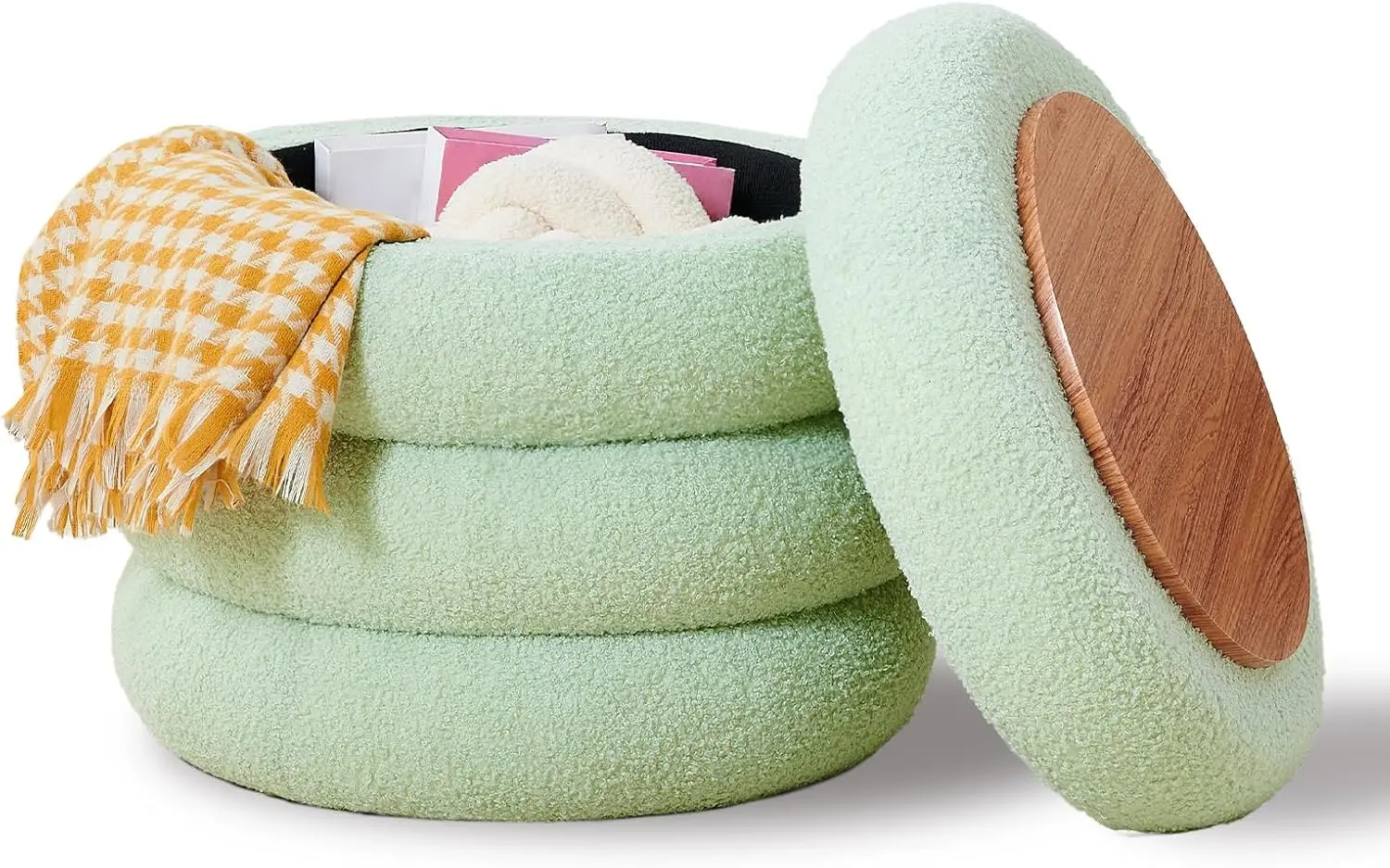 

Round Storage Ottoman, Modern Sherpa Footstool, Teddy Vanity Stool With Flip-Top Tray, Makeup Chair For Home Decor, Upholstered