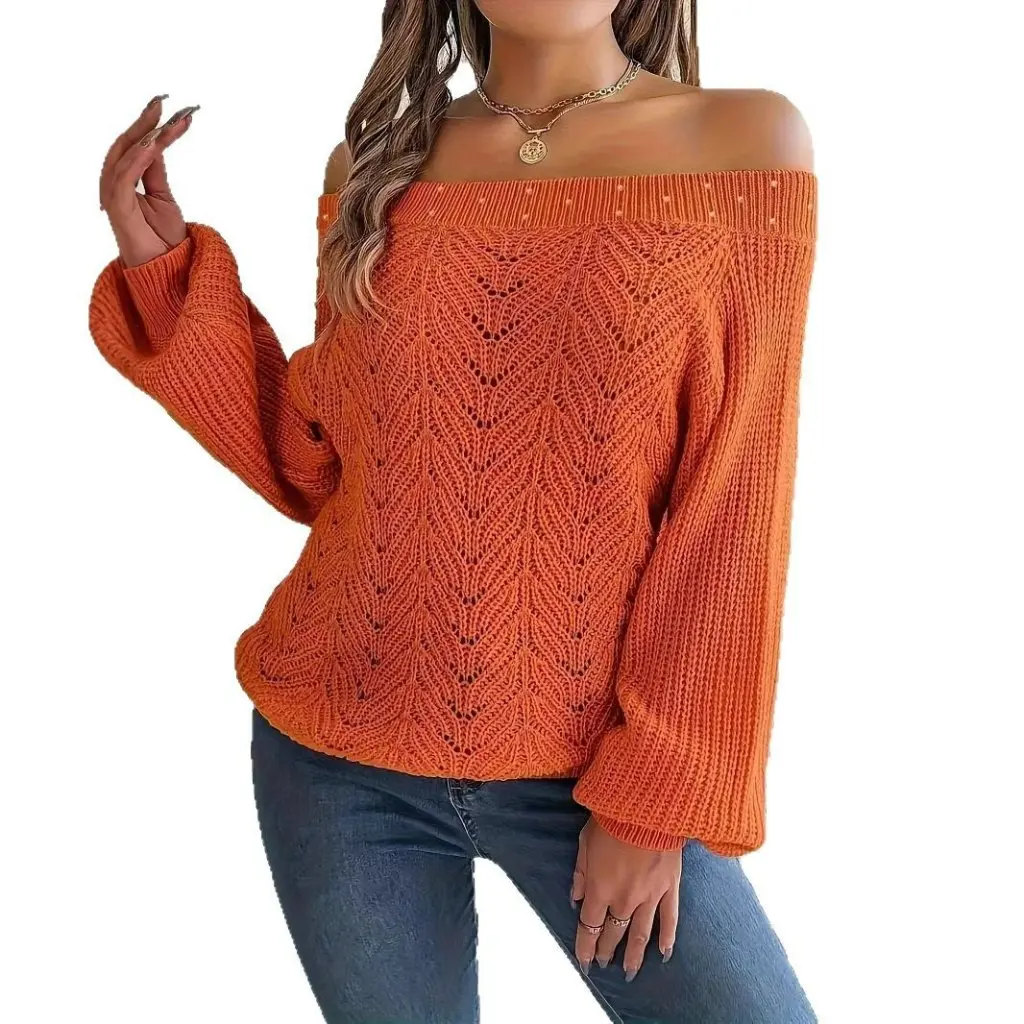 

Women's Off-Shoulder Knit Top Hollow-Out Design Thin Long-Sleeve Versatile Loose Fit for Summer And Autumn