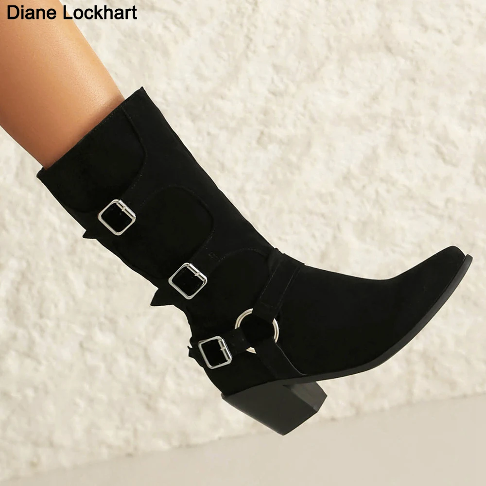 

Retro Chunky Heel Knee Boots Women Western Cowboy Knight Boots Tall Metal Belt Buckle Pointed Toe 6Cm Heel Shoes Female Footwear