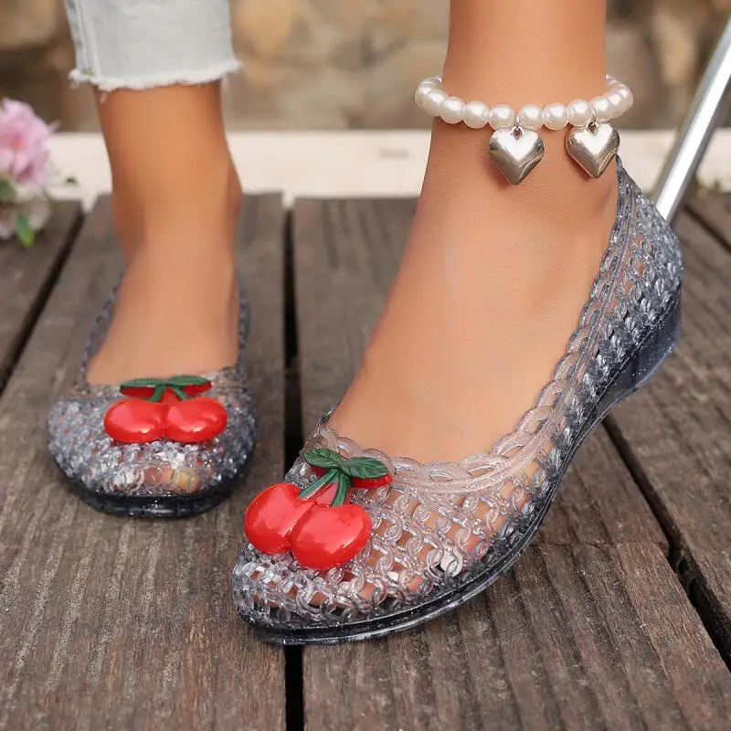 Cute Cartoon Cherry Transparent Jelly Shoes Women Summer 2026 Comfort Thick Bottom Hollow Out Clogs Sandals Women Ballet Flats