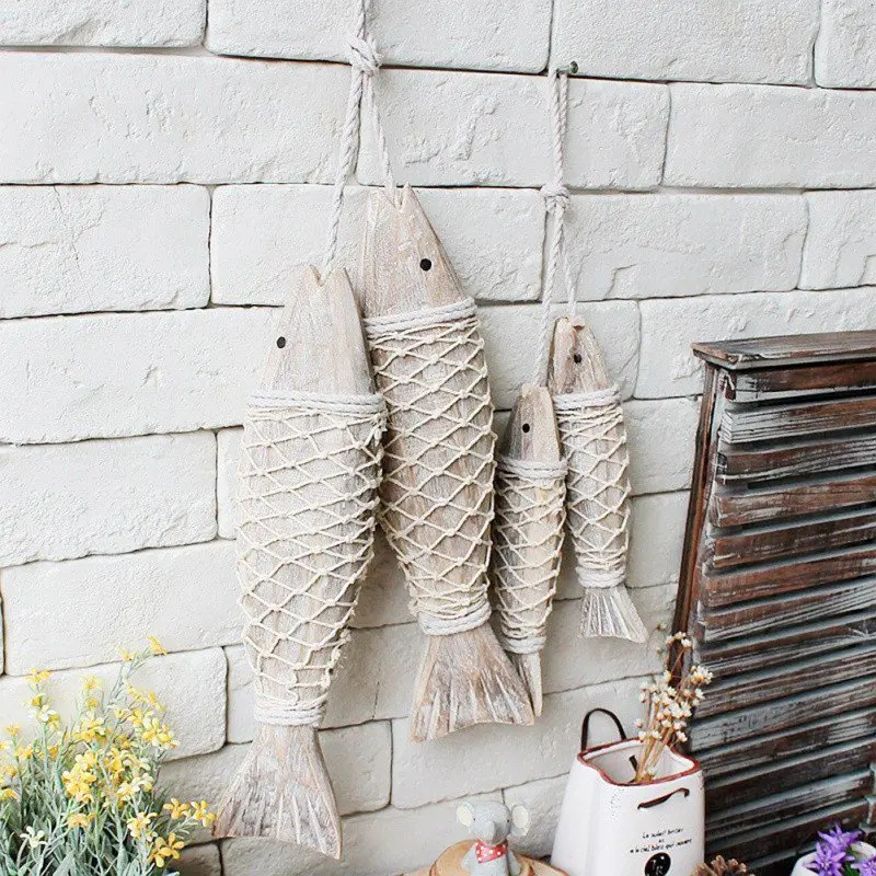 Retro Hanging Fish Ornaments Vintage Mediterranean Antique Wooden Pendant Hand Carved Wall Hanging Wood Fish For Home Decoration