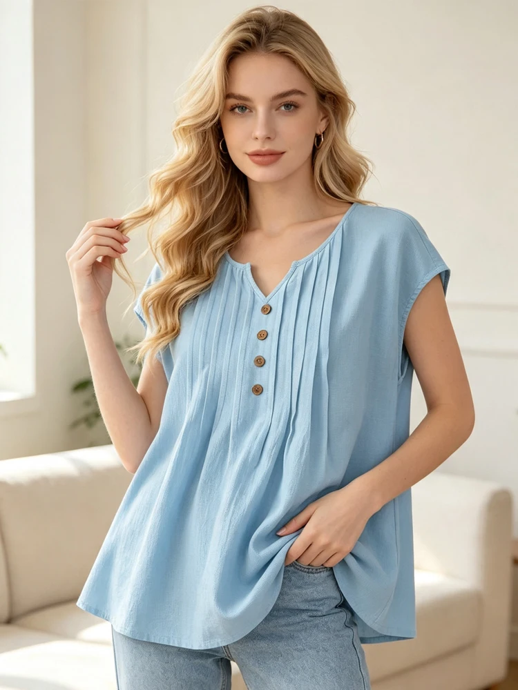 2026 Sleeveless Pleated Front Button-Up Top V-Neck Loose Fit Casual Blouse Summer Solid Color Tunic Shirt Oversize Women's Tops