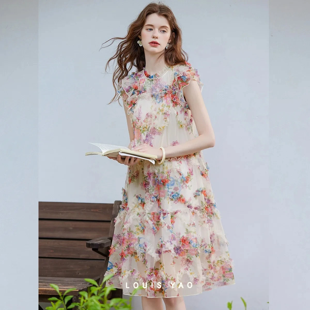 LOUISYAO Women's Dresses 2026 Summer Round Neck Non Stretch Long Dress Casual Vacation Outfits Rustic Flying Sleeve Print Dress