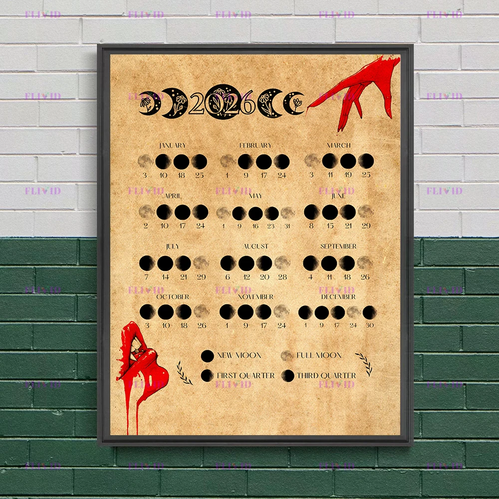 Vampire And Witch Magic Moon Phases 2026 Calendar Vintage Wall Art Canvas Painting,Lunar 2026 Moon Calendar Art Poster Print