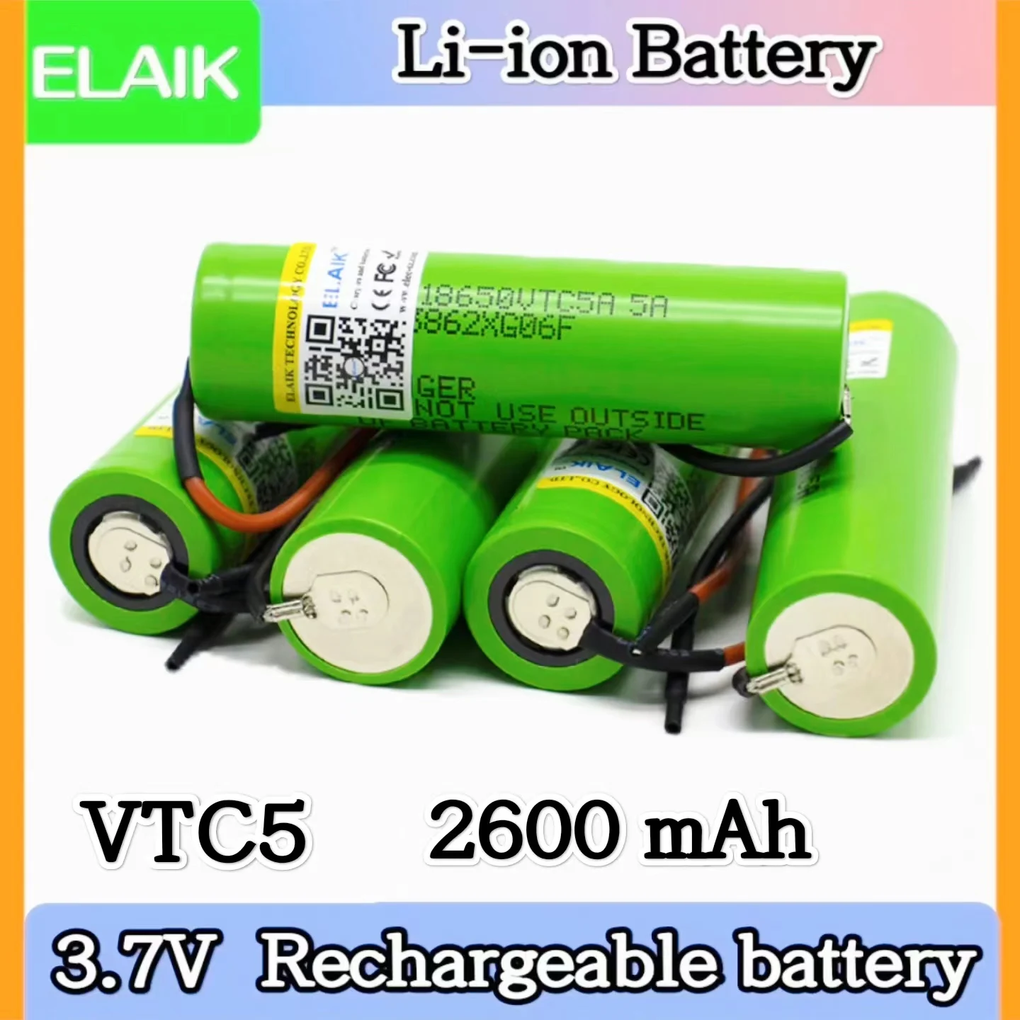 Elaik-オリジナルの充電式バッテリー,vtc5a,40aパルス,60a,3.6v,18650,vtc5,2600mah,高排水,40a,diy配線,配線,1〜20個